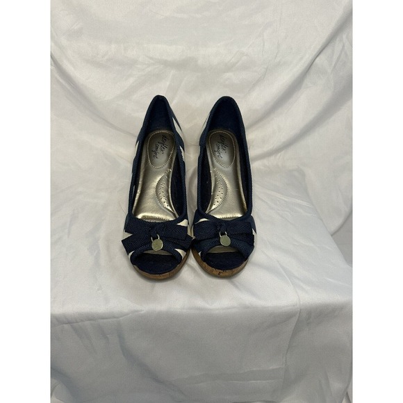 Dexflex Comfort Navy & White Stripe Shoes 7 Canvas Wedge Slip On Open Toe - Picture 2 of 5